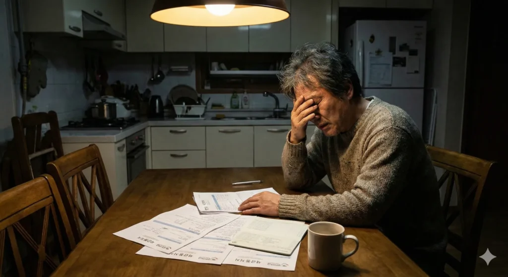 국민연금 조기수령 조건: 5년 미리 받으면 평생 손해일까? (예상 수령액 조회) 2 국민연금 조기수령 신청 서류를 보고 고민하는 60대 가장의 모습