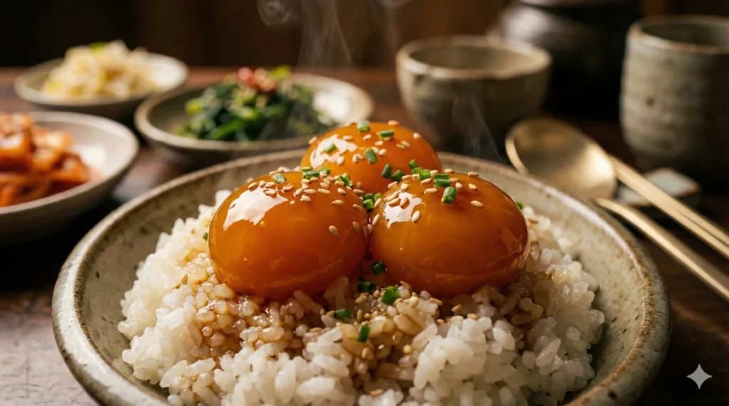 "미국에서 난리 났다는 그 맛! 실패 없는 '마약계란장' 황금비율 레시피" 5 밥 위에 올려진 호박색 계란 노른자장 접사