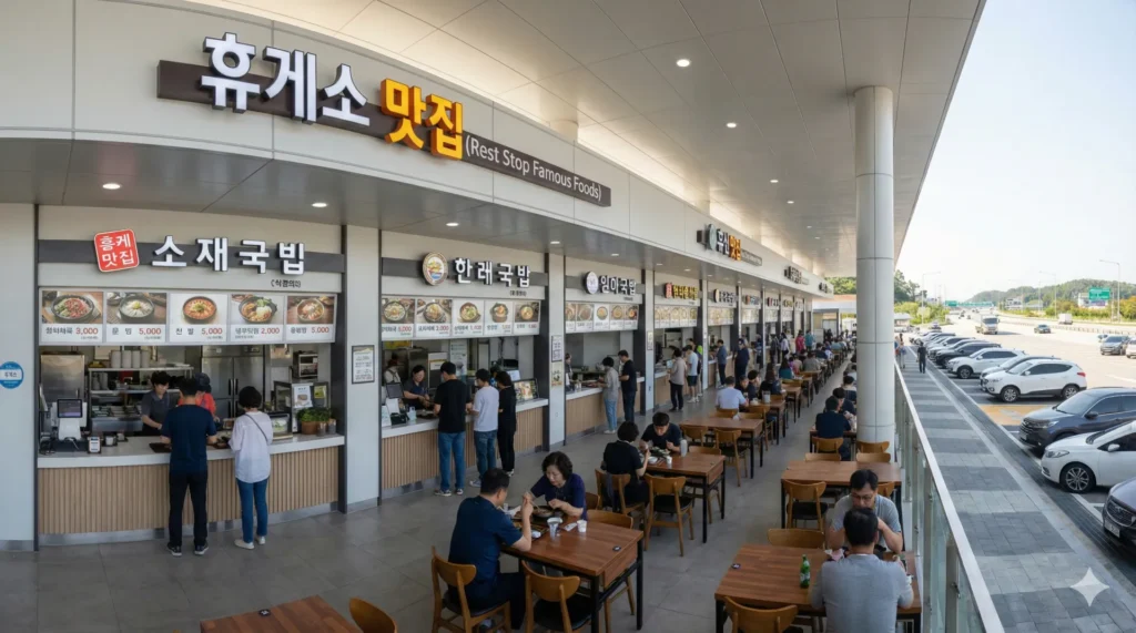 2026 설날 고속도로 휴게소 맛집 지도: 이영자 픽부터 숨은 별미까지 5 '휴게소 맛집' 간판 아래 많은 사람들이 식사를 즐기고 있는 깔끔하고 현대적인 고속도로 휴게소 식당가 내부 모습.