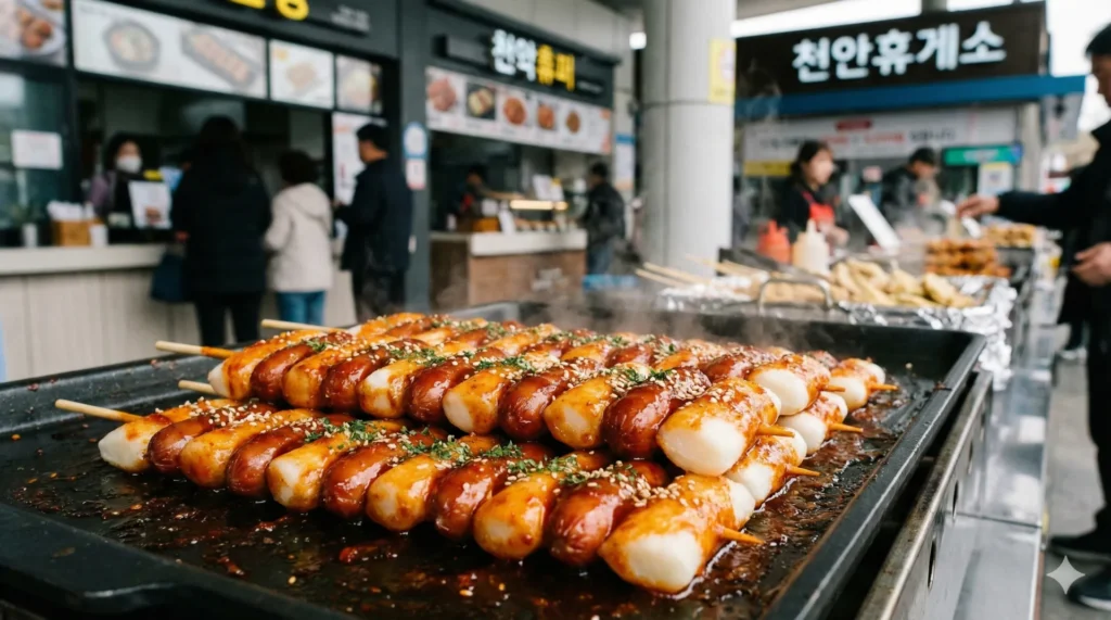 2026 설날 고속도로 휴게소 맛집 지도: 이영자 픽부터 숨은 별미까지 3 천안휴게소 등 고속도로 휴게소에서 판매하는 노릇노릇하게 구워진 대표 인기 간식 소떡소떡 꼬치 접사 사진.