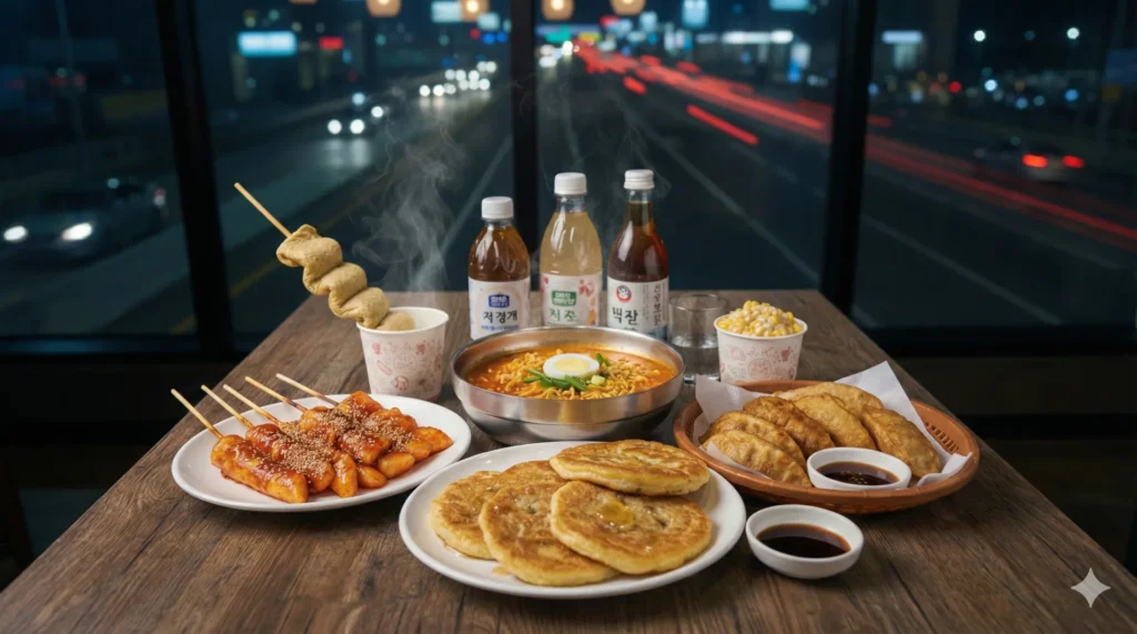 2026 설날 고속도로 휴게소 맛집 지도: 이영자 픽부터 숨은 별미까지 4 설날 밤 고속도로 휴게소 창가 테이블에 차려진 국밥, 떡볶이, 호떡, 군만두 등 푸짐한 휴게소 맛집 음식 한 상.