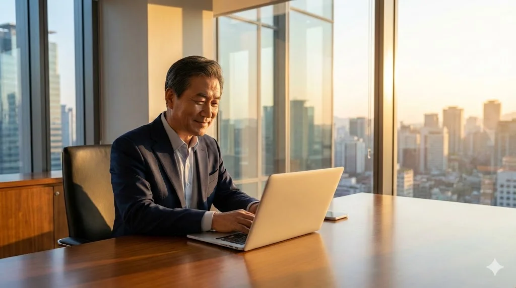 국민연금 감액 제도 사실상 폐지! 월 소득 500만 원까지 전액 수령하는 법 (6월 시행) 3 국민연금 감액 걱정 없이 전문적인 업무에 집중하며 미소 짓는 한국인 시니어 전문가