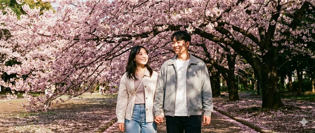 2026년 벚꽃 개화시기 총정리: 평년보다 7일 빠르다? 전국 지도 및 명소 추천 가이드 2 2026년 벚꽃 개화시기에 맞춰 핑크빛 꽃터널을 걷는 한국인 연인