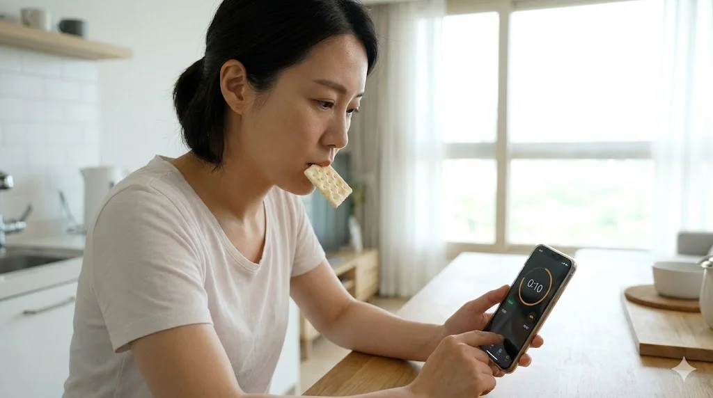 나만 왜 살쪄? 10초 만에 확인하는 '살 안 찌는 체질' 자가진단 크래커 테스트 4 탄수화물 대사 능력을 측정하는 무설탕 크래커와 디지털 스톱워치