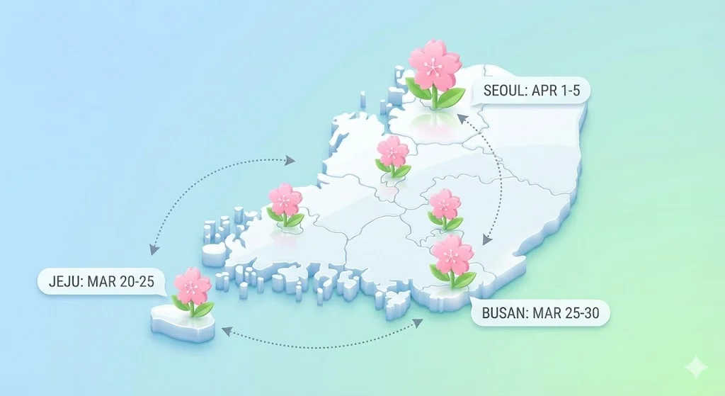 2026년 벚꽃 개화시기 총정리: 평년보다 7일 빠르다? 전국 지도 및 명소 추천 가이드 4 2026년 벚꽃 개화시기 전국 예상일을 시각화한 그래픽 지도