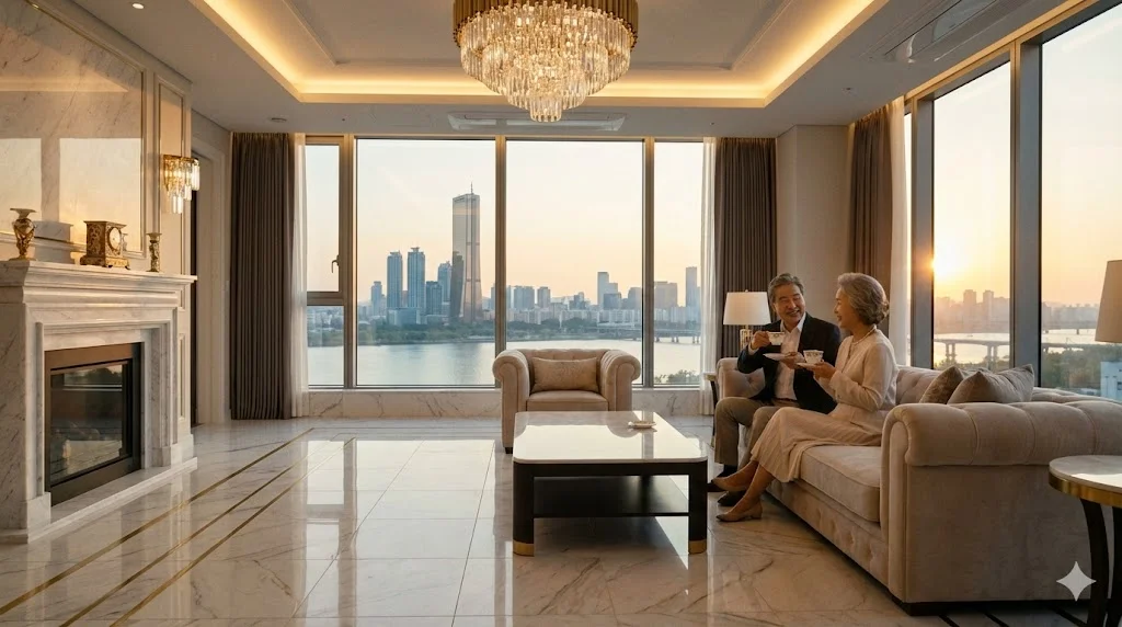 "상속은 끝났다" 유산보다 내 인생의 피날레를 선택한 시니어 레지던스 혜택의 실체 3 오성급 호텔 서비스를 제공하는 현대적인 하이엔드 시니어 레지던스 내부 전경