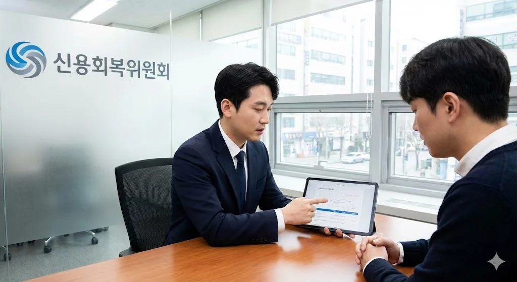 신용불량자 압류 해제 및 빚 탕감 실전 루트: 신용 점수 700점 복구 전략 (제3편) 2 신용회복위원회에서 채무조정 상담을 받는 모습