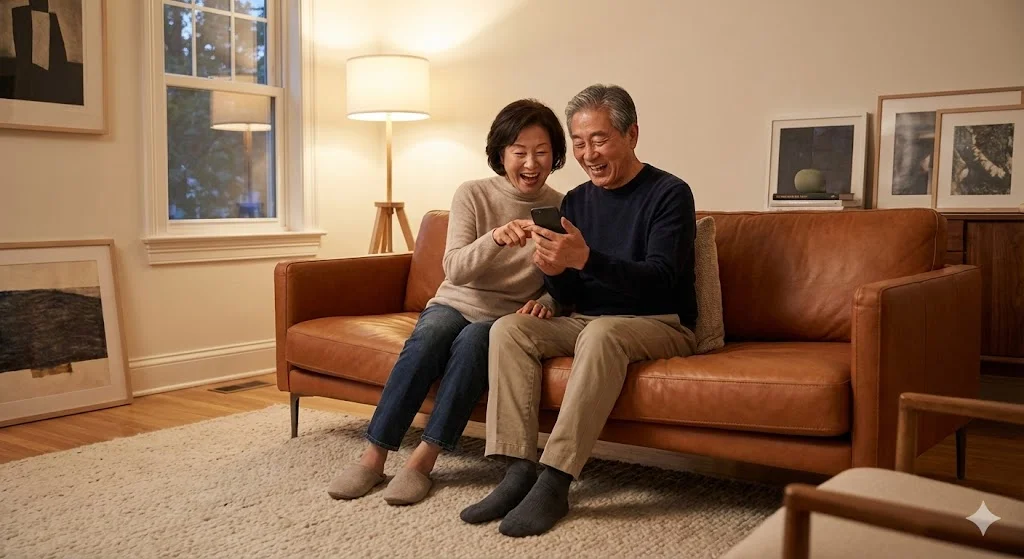 국민연금 감액 제도 사실상 폐지! 월 소득 500만 원까지 전액 수령하는 법 (6월 시행) 4 국민연금 전액 지급 소식을 듣고 스마트폰으로 환급액을 확인하며 기뻐하는 한국인 노부부