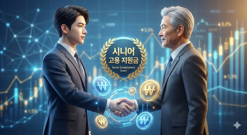 시니어 고용 혜택 및 일자리 가이드: 5060 재취업 지원금부터 고령자 계속고용 비결까지 2 기업과 시니어 근로자가 정부의 고용 지원금을 매개로 악수하는 모습