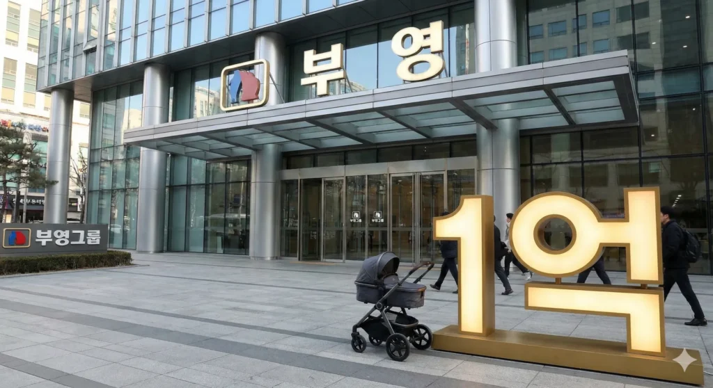 부영 출산장려금 1억: 전액 비과세 혜택 및 기업별 지원금 리스트 (2026) 2 부영그룹 사옥 앞 1억 원 출산장려금 조형물