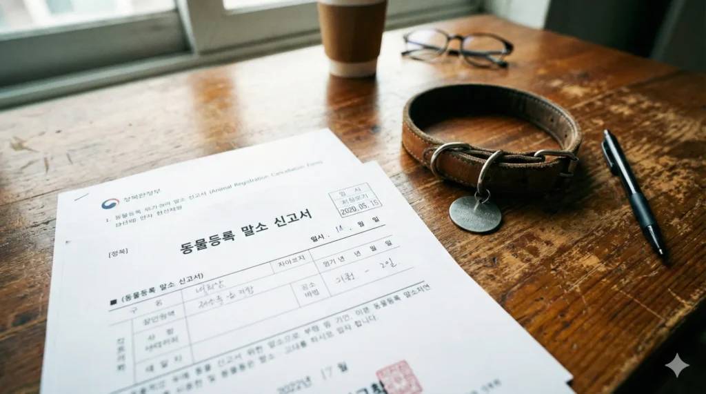 반려견 장례 절차 및 전국 화장터 위치 총정리 (불법 매립 과태료 주의) 5 책상 위에 놓인 반려견 동물등록 말소 신고서 서류와 펜, 강아지 목줄 사진