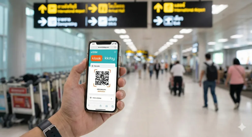 클룩 vs KKday 완벽 비교: 2026 해외여행 유심·티켓 검색 1위는? 3 해외여행 eSIM 클룩 KKday 공항에서 QR코드 스캔으로 데이터 연결하는 모습