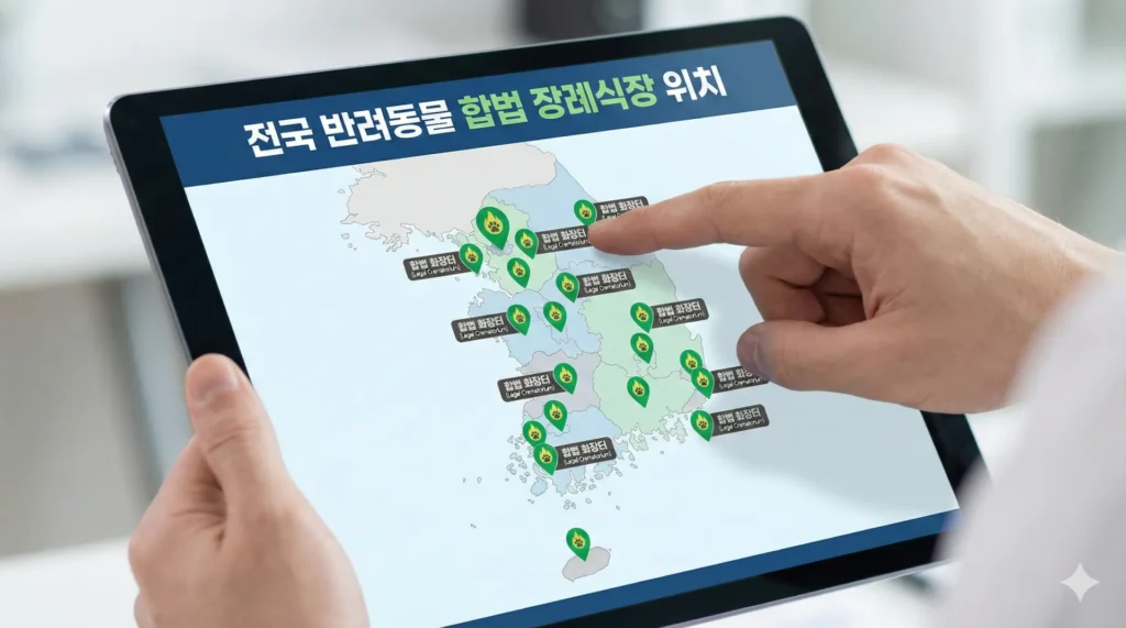 반려견 장례 절차 및 전국 화장터 위치 총정리 (불법 매립 과태료 주의) 4 태블릿 화면에 표시된 전국 합법 반려동물 장례식장 및 화장터 위치 지도 인포그래픽