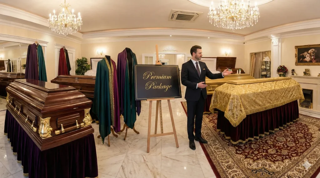 반려견 장례 비용 바가지 안 쓰는 법: 평균 가격과 장례식장 상술 주의 3 장례식장에 진열된 고가의 프리미엄 강아지 관과 수의 세트 상술 예시