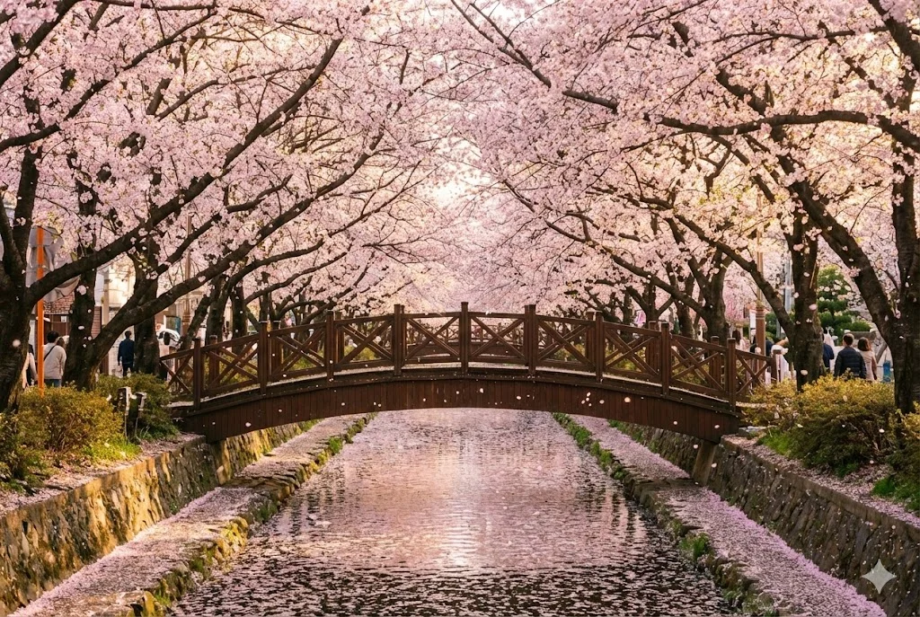 2026년 벚꽃 개화시기 총정리: 평년보다 7일 빠르다? 전국 지도 및 명소 추천 가이드 3 진해 군항제 기간 벚꽃이 흐드러진 여좌천 로망스다리의 풍경