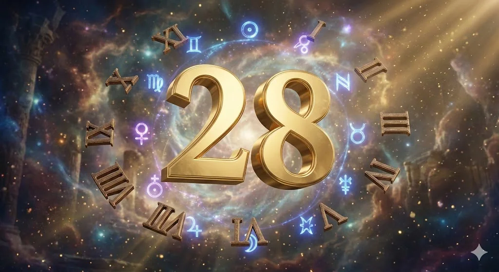 2월이 28일인 이유: 로마인의 미신과 카이사르의 수학이 만든 28일의 비밀 2 허공에 떠 있는 금색 숫자 28과 이를 둘러싼 로마 숫자들