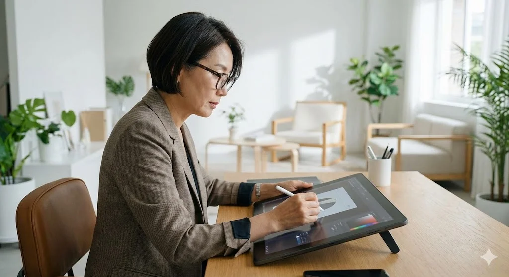 시니어 고용 혜택 및 일자리 가이드: 5060 재취업 지원금부터 고령자 계속고용 비결까지 4 2026년 디지털 교육 혜택을 받고 태블릿 PC로 업무를 수행하는 시니어 여성