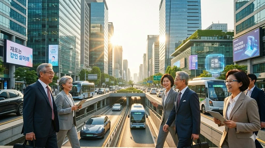 국민연금 감액 제도 사실상 폐지! 월 소득 500만 원까지 전액 수령하는 법 (6월 시행) 6 활기찬 도시와 일하는 어르신들의 실루엣